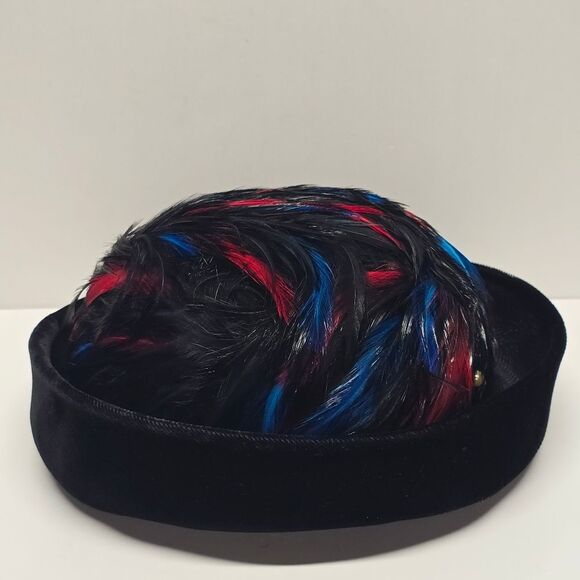 Vintage Black Red Blue Feathers Velvet And Mesh Hat Derby Church Formal Evening - Picture 4 of 11